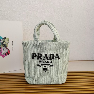 Prada Small Crochet Tote Bag in Aqua Raffia-effect Yarn TDBS28446