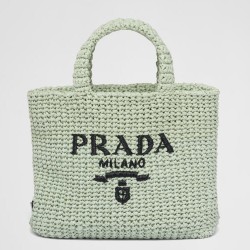 Prada Small Crochet Tote Bag in Aqua Raffia-effect Yarn TDBS28446