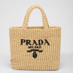 Prada Small Crochet Tote Bag in Beige Raffia-effect Yarn TDBS28447