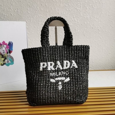 Prada Small Crochet Tote Bag in Black Raffia-effect Yarn TDBS28448