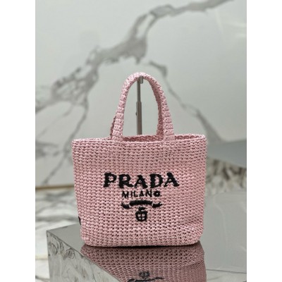 Prada Small Crochet Tote Bag in Pink Raffia-effect Yarn TDBS28449