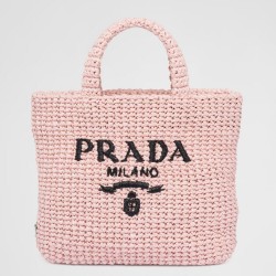 Prada Small Crochet Tote Bag in Pink Raffia-effect Yarn TDBS28449