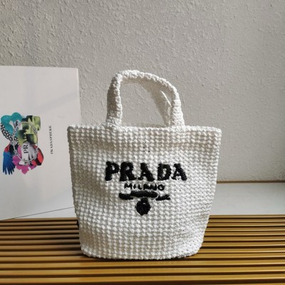 Prada Small Crochet Tote Bag in White Raffia-effect Yarn TDBS28450