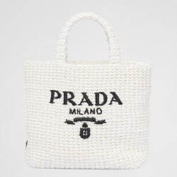 Prada Small Crochet Tote Bag in White Raffia-effect Yarn TDBS28450