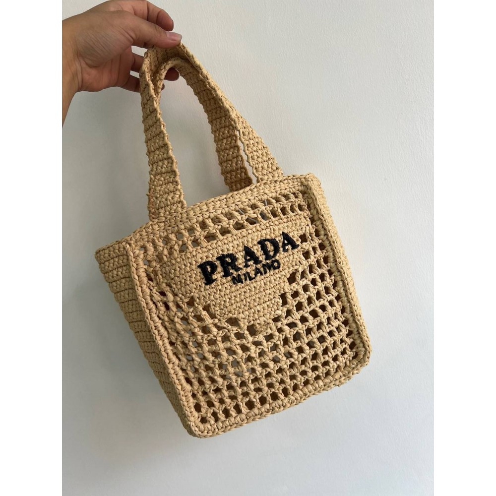 Prada Small Crochet Tote in Beige Raffia-effect Yarn TDBS28451