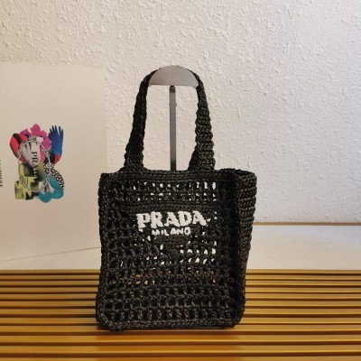 Prada Small Crochet Tote in Black Raffia-effect Yarn TDBS28452