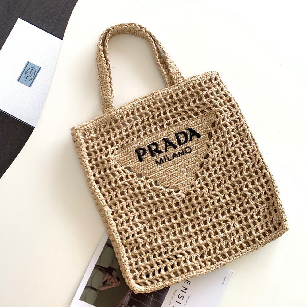 Prada Small Tote Bag In Beige Woven Raffia TDBS28453