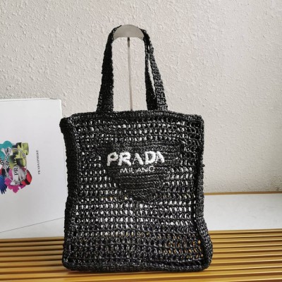 Prada Small Tote Bag In Black Woven Raffia TDBS28454