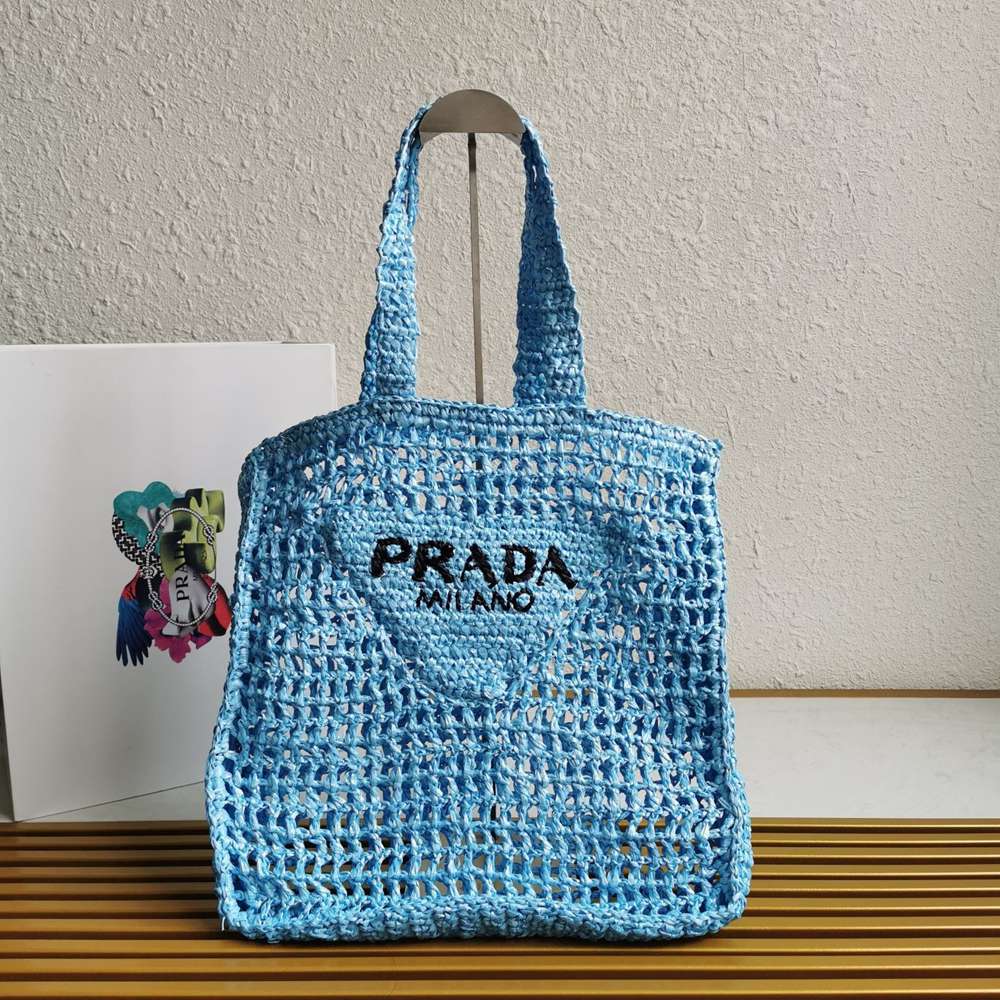 Prada Small Tote Bag In Blue Woven Raffia TDBS28455