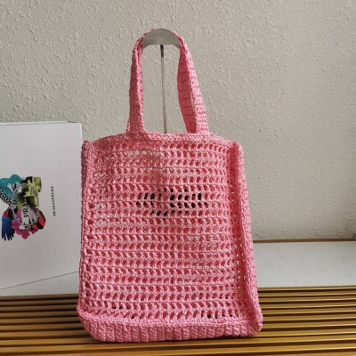 Prada Small Tote Bag In Pink Woven Raffia TDBS28456