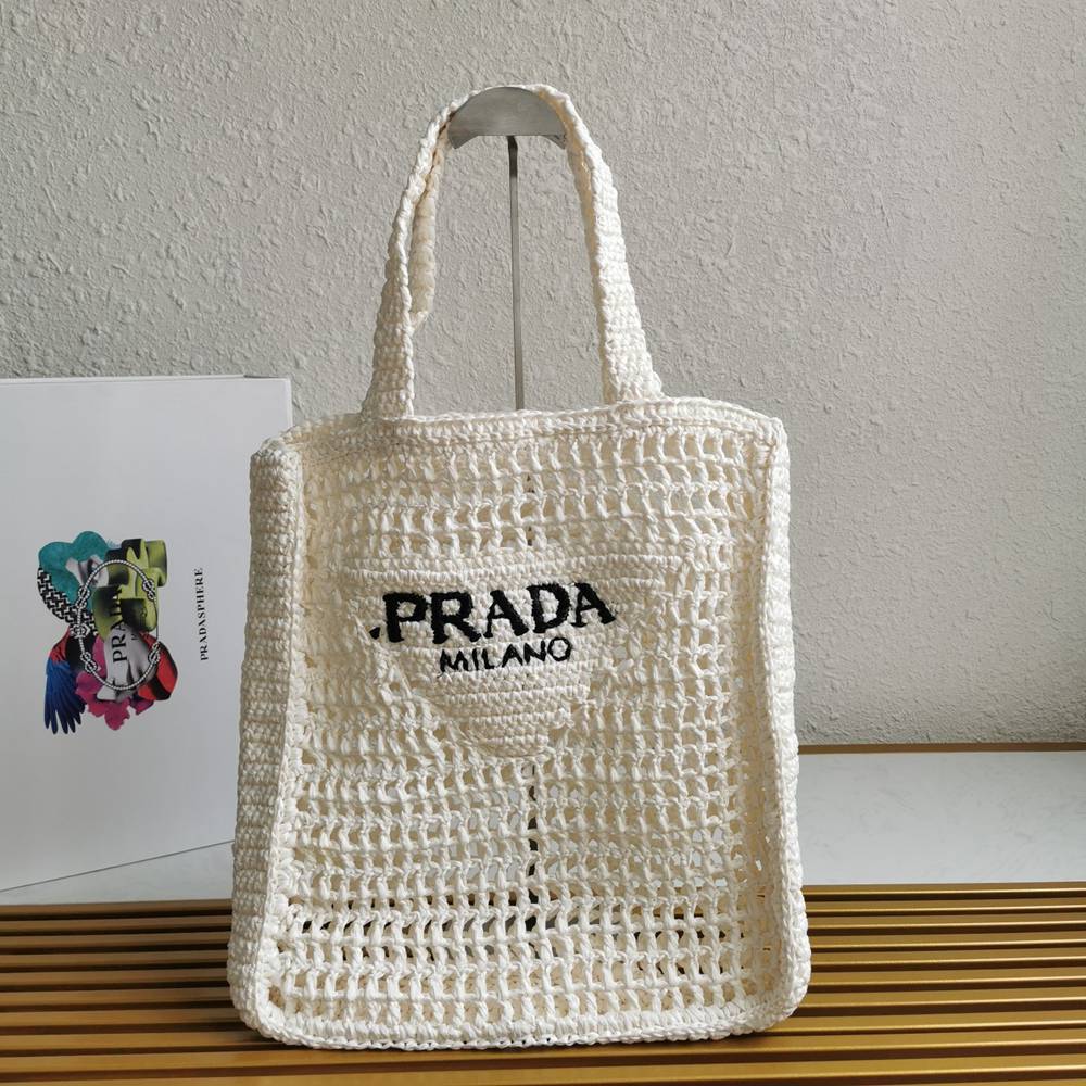 Prada Small Tote Bag In White Woven Raffia TDBS28457