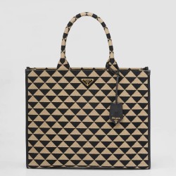 Prada Symbole Large Bag In Black/Beige Jjacquard Fabric TDBS28376