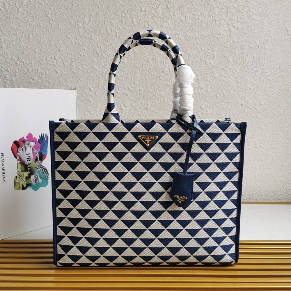 Prada Symbole Large Bag In White/Blue Jjacquard Fabric TDBS28379