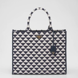 Prada Symbole Large Bag In White/Blue Jjacquard Fabric TDBS28379