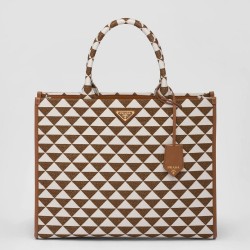 Prada Symbole Large Bag In White/Brown Jjacquard Fabric TDBS28380