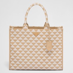 Prada Symbole Large Bag in Beige and White Jacquard Fabric TDBS28375