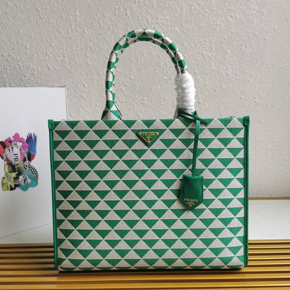 Prada Symbole Large Bag in Green and White Jacquard Fabric TDBS28377