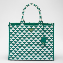 Prada Symbole Large Bag in Green and White Jacquard Fabric TDBS28377