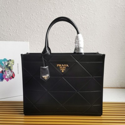 Prada Symbole Large Bag with Topstitching in Black Leather TDBS28381