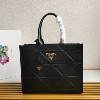 Prada Symbole Medium Bag with Topstitching in Black Leather TDBS28382