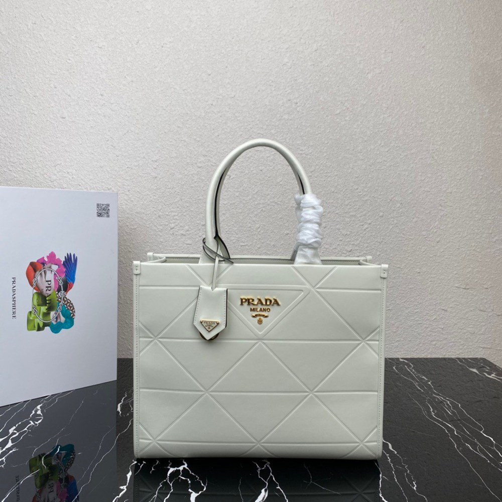 Prada Symbole Medium Bag with Topstitching in White Leather TDBS28383