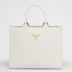 Prada Symbole Medium Bag with Topstitching in White Leather TDBS28383