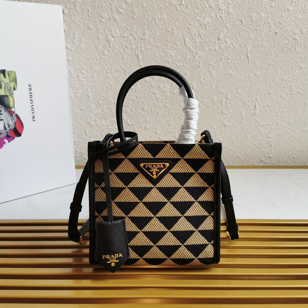 Prada Symbole Micro Bag In Black/Beige Jjacquard Fabric TDBS28384