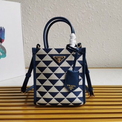 Prada Symbole Micro Bag In White/Blue Jjacquard Fabric TDBS28385