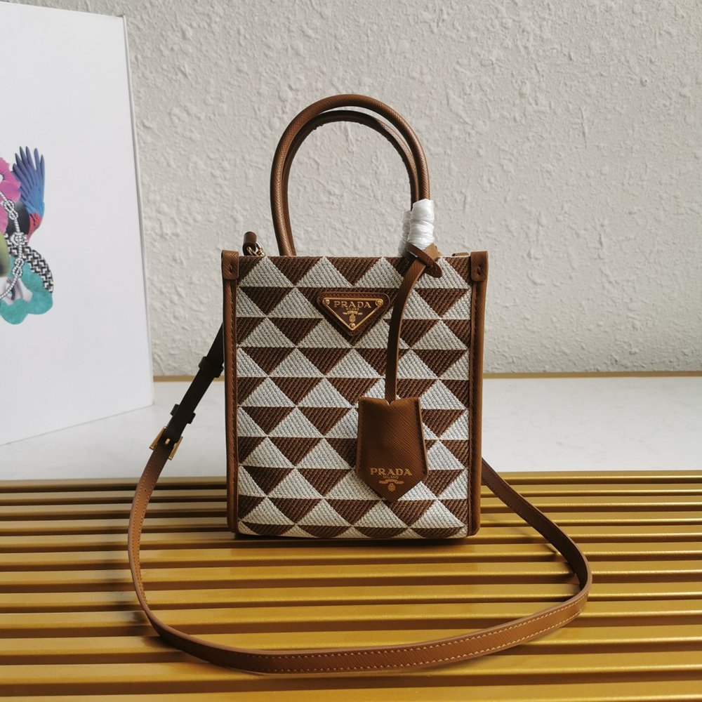 Prada Symbole Micro Bag In White/Brown Jjacquard Fabric TDBS28386