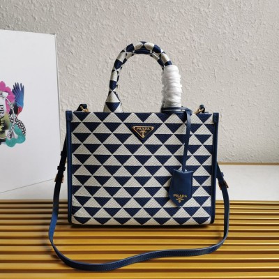 Prada Symbole Small Bag In White/Blue Jjacquard Fabric TDBS28391