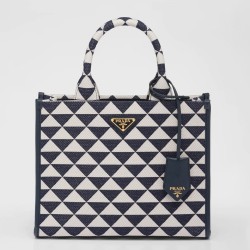 Prada Symbole Small Bag In White/Blue Jjacquard Fabric TDBS28391