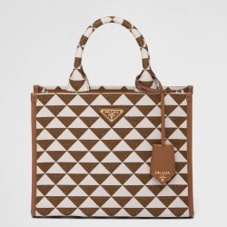 Prada Symbole Small Bag In White/Brown Jjacquard Fabric TDBS28392