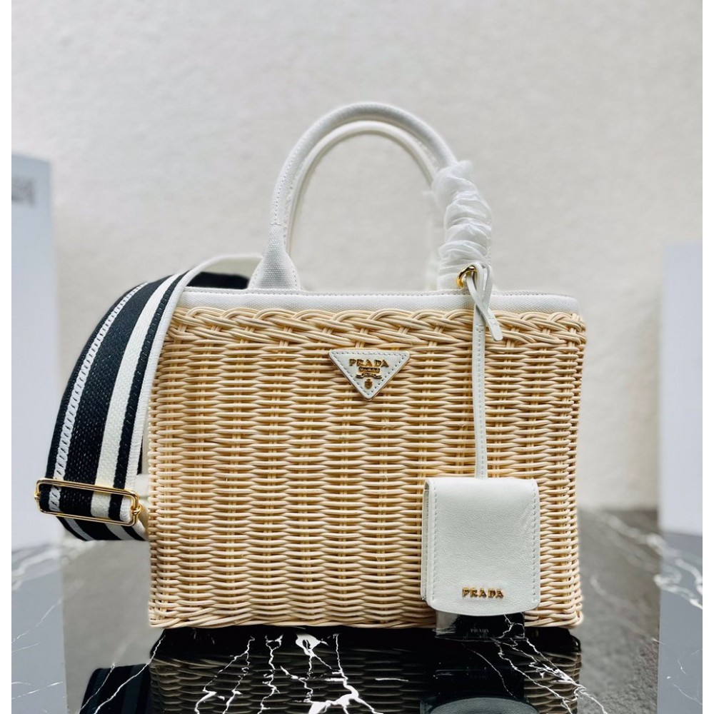 Prada Tote Bag In Wicker and White Canvas TDBS28460