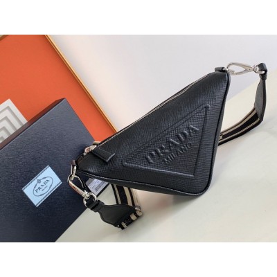 Prada Triangle Shoulder Bag In Black Saffiano Calfskin TDBS28463