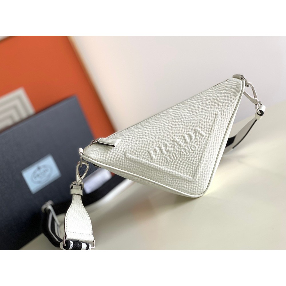 Prada Triangle Shoulder Bag In White Saffiano Calfskin TDBS28468