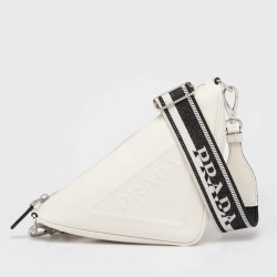 Prada Triangle Shoulder Bag In White Saffiano Calfskin TDBS28468