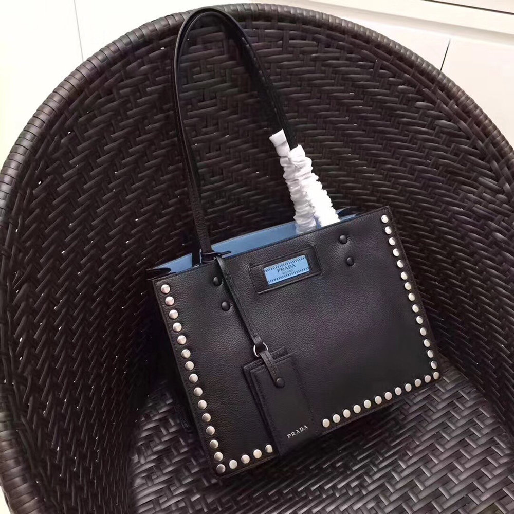 Prada Black Etiquette Calfskin Tote With Metal Stud Trim