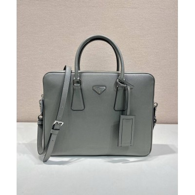 Prada Briefcase in Grey Saffiano Leather