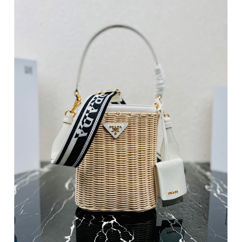 Prada Bucket Bag In Wicker and White Canvas