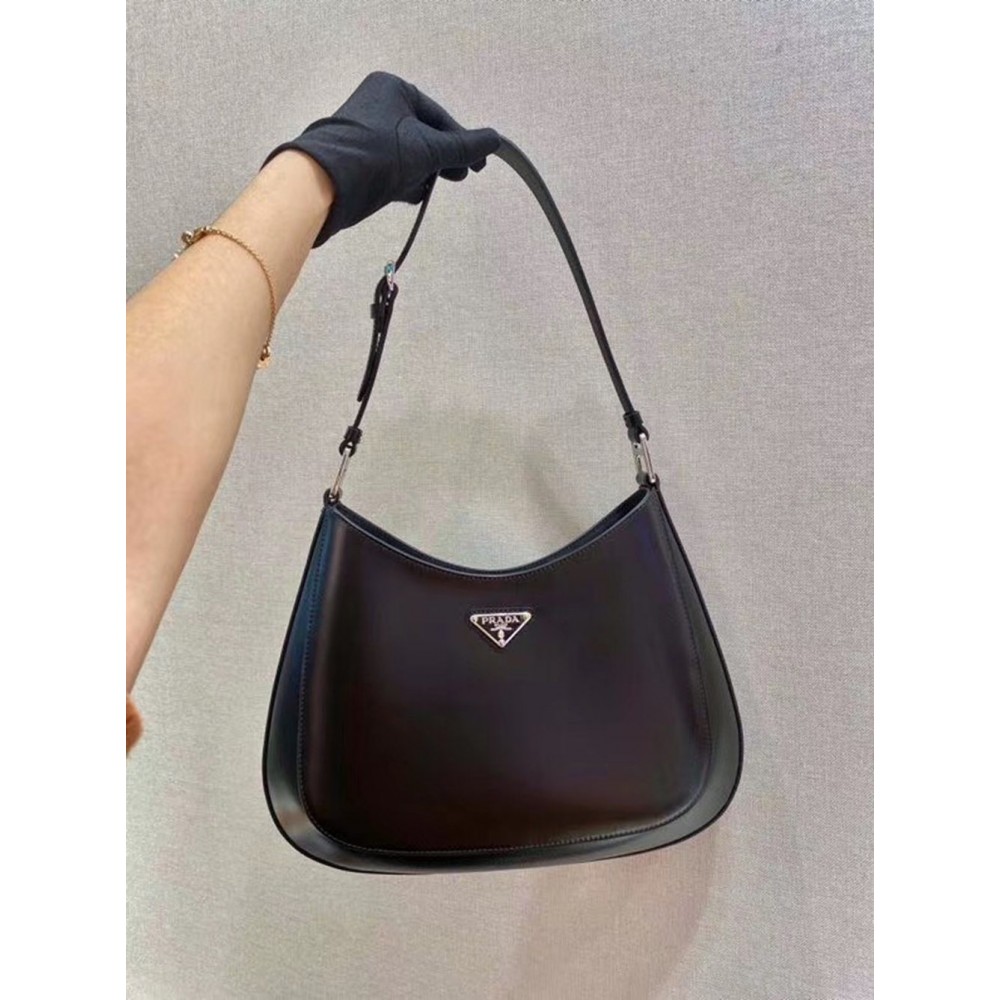 Prada Cleo Shoulder Large Bag In Black Brushed Leather