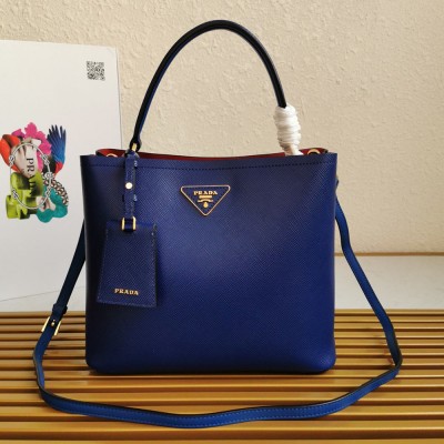 Prada Large Panier Bag In Blue Saffiano Leather