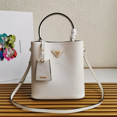 Prada Medium Panier Bag In White Saffiano Leather