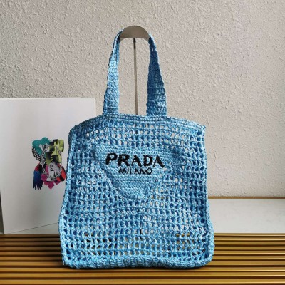 Prada Small Tote Bag In Blue Woven Raffia