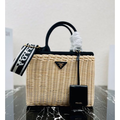 Prada Tote Bag In Wicker and Black Canvas