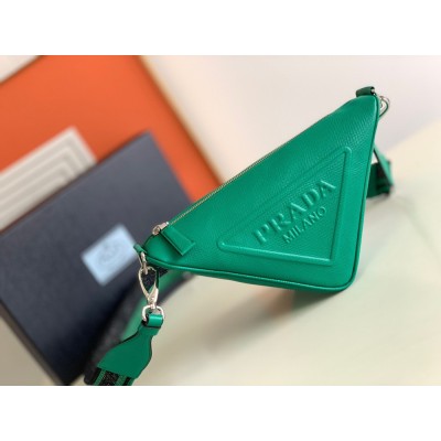 Prada Triangle Shoulder Bag In Green Saffiano Calfskin