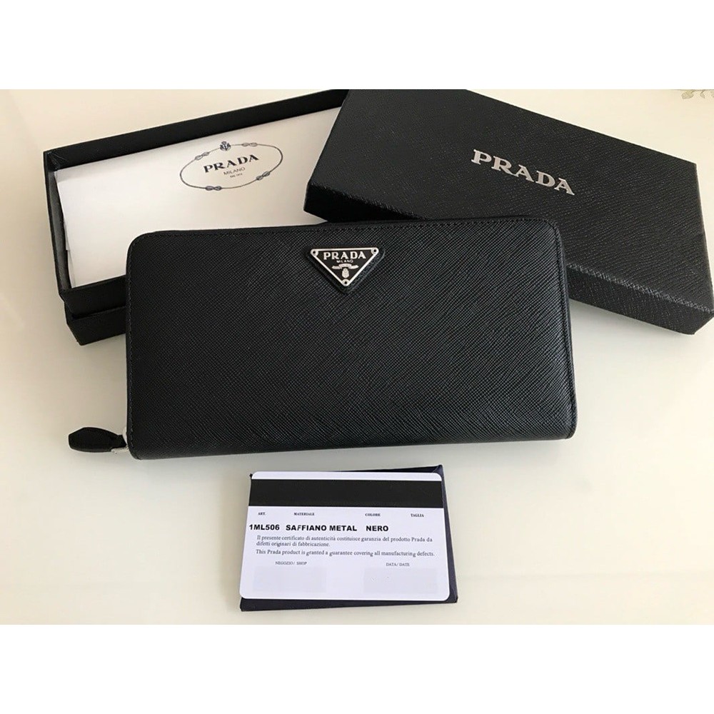 Prada Zip Around Wallet in Noir Saffiano Leather