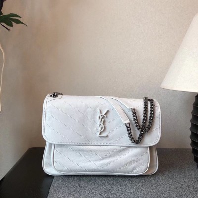 Saint Laurent Large Niki Chain Bag In White Crinkled Leather