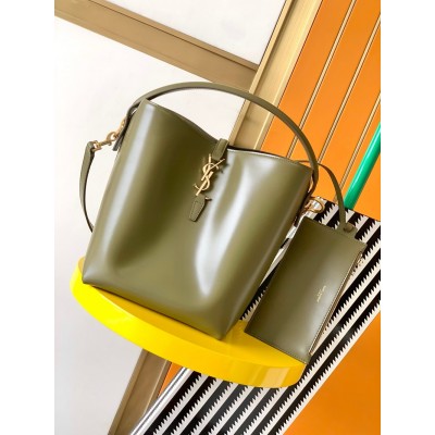 Saint Laurent Le 37 Large Bucket Bag in Dark Green Leather