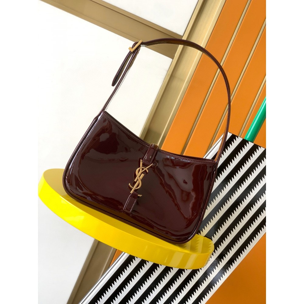 Saint Laurent Le 5 a 7 Hobo Bag in Bordeaux Patent Calfskin