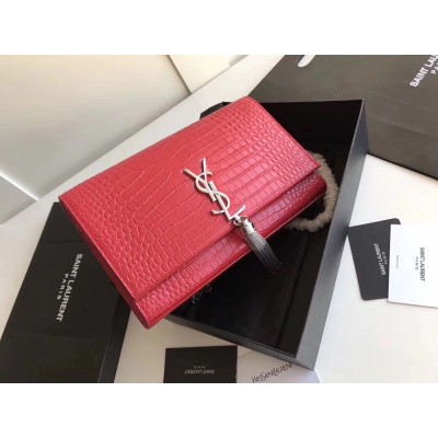 Saint Laurent Medium Kate Bag With Tassel In Red Croc-Embossed Leather